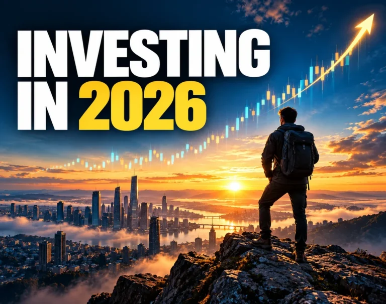 Investing in 2026: a hiker on a mountain top above a city at sunrise with a rising chart