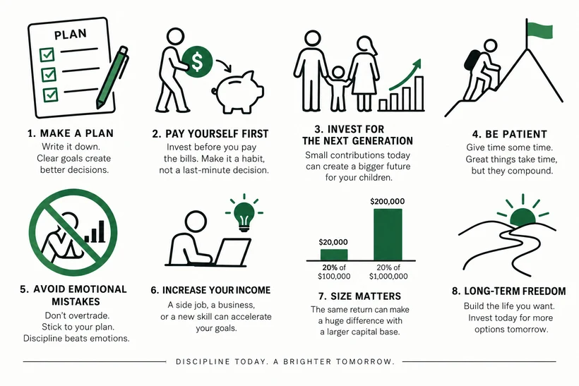 Eight steps: make a plan, pay yourself first, invest for the next generation, be patient, avoid emotional mistakes, increase your income, size matters, long-term freedom