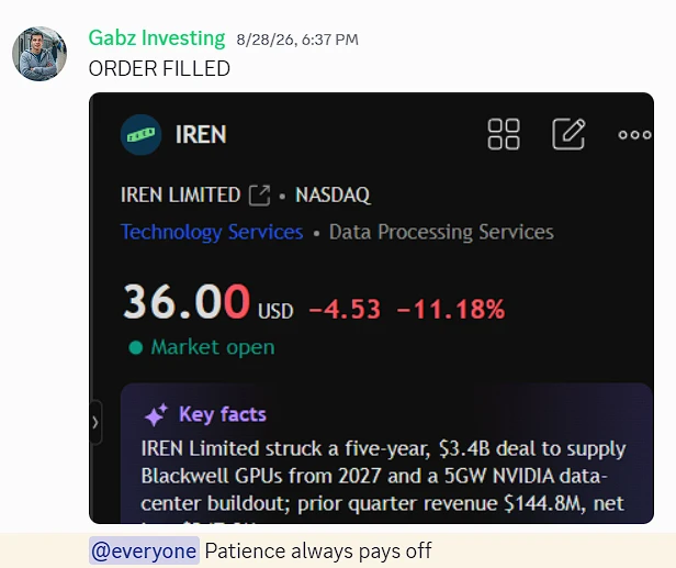Discord order filled alert: IREN bought at $36.00, down 11.18% that day