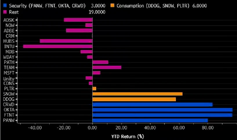 Software stocks YTD returns: security (PANW, FTNT, OKTA, CRWD) and consumption names vs the rest